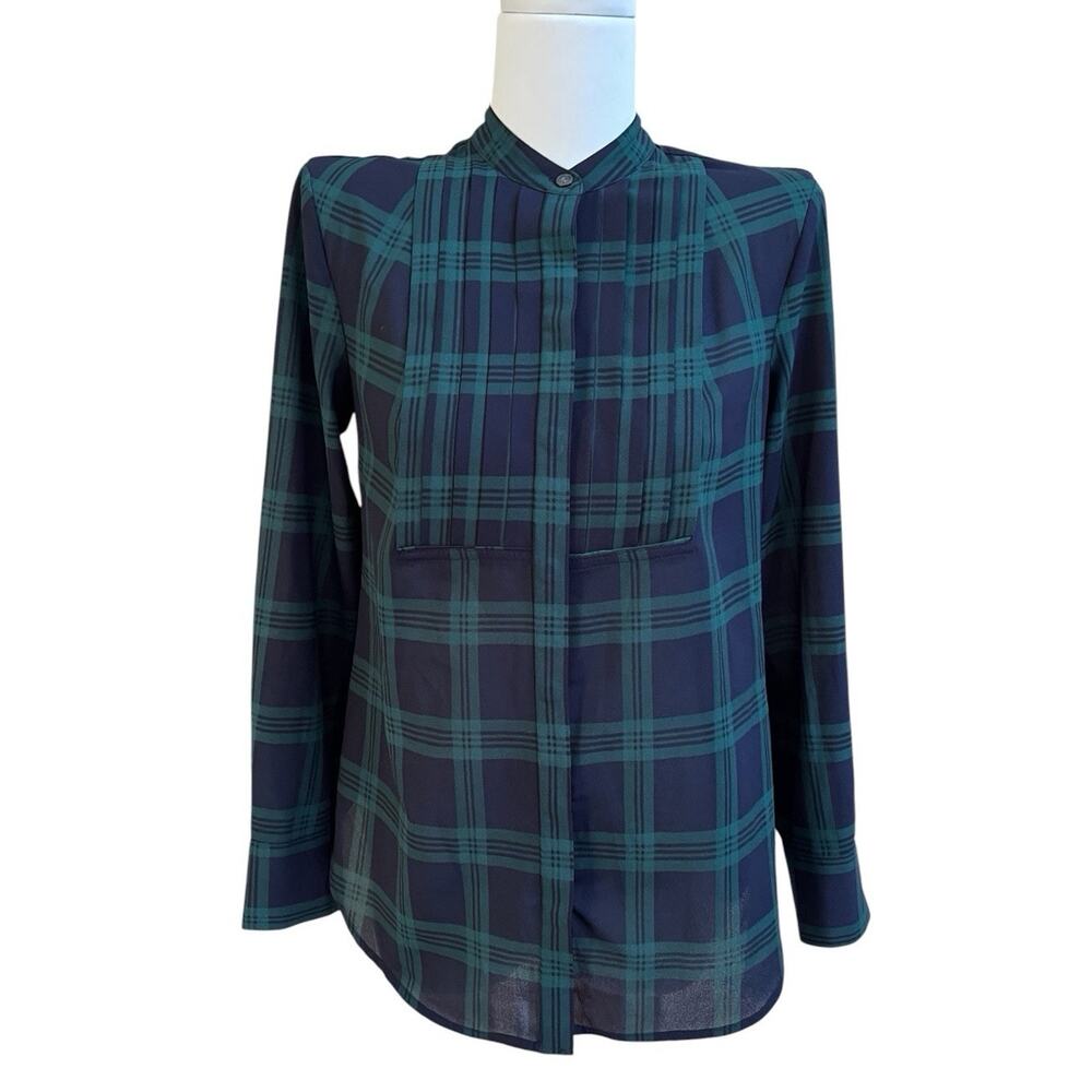 J. CREW Green Blue Plaid Long Slv Hidden Button Up Shirt XXS Pleated Front Top